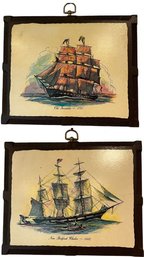 Pair Of Famous Massachusetts Ships By R.F. Harnett - On Wood Plaques