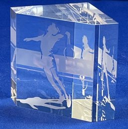 Steuben Etched Crystal Tennis Player Paperweight  - Triangular Block Form