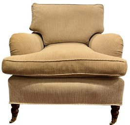 Footed Armchair With Brass Casters - Oatmeal Weave Fabric - Down Cushions - Very Good Condition