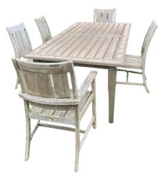 Summer Classics Outdoor Table (Faux Teak) And 5 Teak Chairs With Blue Cushions
