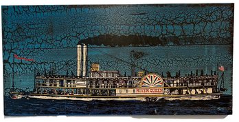 Vintage Handscreened River Queen Boat On Wood -hand Crafted By George Nathan Associates