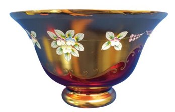 Gold & Cranberry Hand Painted Glass Bowl- 5.5 Inches High And 9. 5 Inches Wide