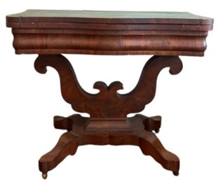 American Empire Period Flame Mahogany Flip Top Console Table - Original Brass Casters, Tulip Shaped Base