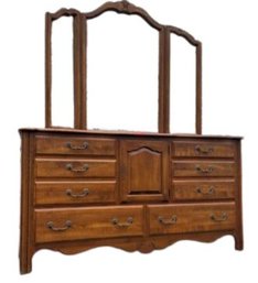 Ethan Allen Dresser With Triptych Mirror - Natural Finish