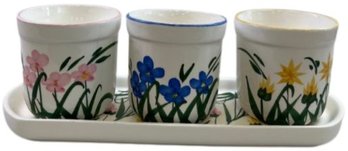 Hand Painted  3 Pot Planters And Tray