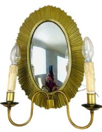 Vintage Double Arm Brass Wall Sconce With Starburst Frame & Central Mirror