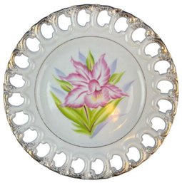 Vintage Hand Painted Porcelain Botanical Plate With Open Lattice Work Border