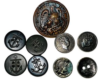 Collection Of Vintage Buttons Including Anchor Buttons & Metal With Medallion & Eagle Images