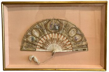 Exquisite Antique Hand Painted Silk & Ivory Fan In Custom Shadow Box