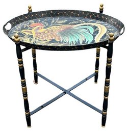 Tole Tray On Stand - Rooster Design On Surface -  Black Lacquer Base With Cross Banding & Turned Legs