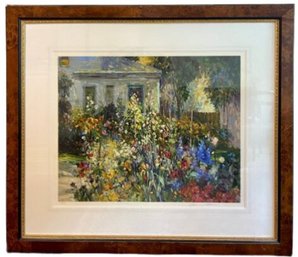 Signed Limited Edition Print - Old Fashioned Garden By Henri Plisson - 300/525 - Burl Frame - Great Condition