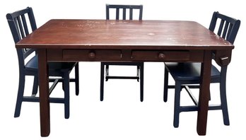 Land Of Nod Cherry Finish Craft Table & Three Navy Blue Coordinating Chairs