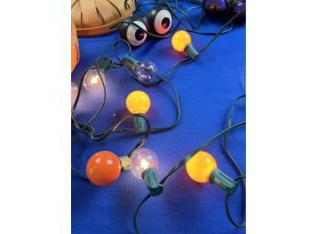 Halloween Wooden Pumpkin With  20 Ft Cord Of Orange And White Lights And Spooky Eye Lights