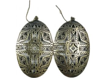 Light Bronze Tone Large Dangle Earrings - Aztec Design & Inspired