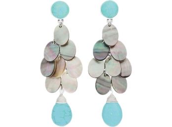 New! Never Used! Beaded & Abalone Silver Tone Dangle Earrings - With Original Tags - Signed 'Chico's'