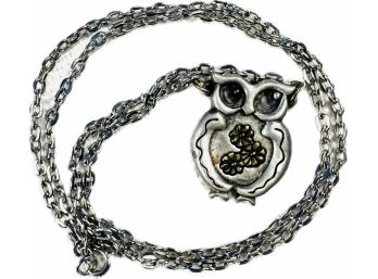 Vintage 'JJ Jonette' Silver Tone Necklace With Owl Charm - Signed 'JJ' On Reverse