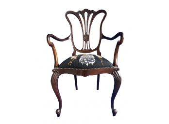 Antique Carved Chair With Needlepointed Cushion