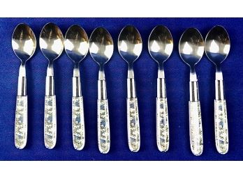 Set Of Eight New Spoons With Charming Blue Birds And Climbing Greenery