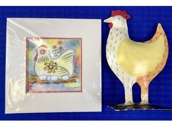 Hand Painted Watercolor Rooster & Painted Metal Rooster