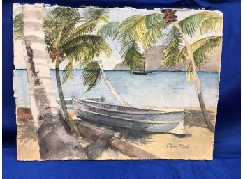 Original Watercolor Tropical Scene Boats/Palm Trees By Clare Stout