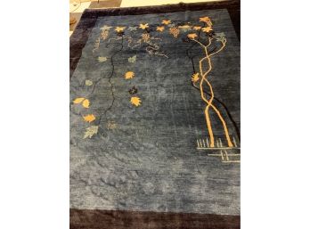 Large Blue Oriental Rug With Grape Vine Motif