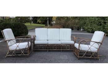 Fantastic Set Of Vintage Stick Wicker Bamboo Furniture - Three Cushion Sofa & Two Matching Chairs