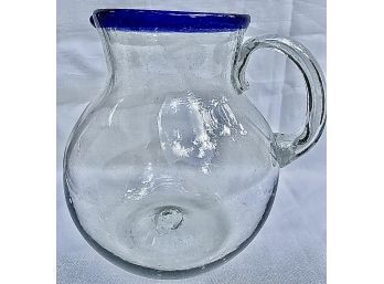 Mexican Cobalt Blue Rim Glassware - Hand Blown Large Glass Pitcher - Pontil Mark On Base