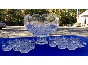 Vintage American Pressed Glass Pedestal Punch Bowl & 21 Matching Cups - Fantastic Set!