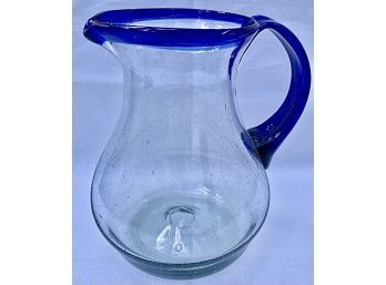 Mexican Cobalt Blue Rim Glassware - Graceful Hand Blown Glass Pitcher - Pontil Mark On Base