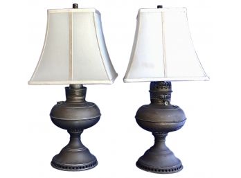 Antique Brass Lamps With Silk Shades - Double Bulb Lighting On Each