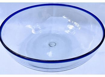 Mexican Cobalt Blue Rim Glassware - Large Hand Blown Glass Serving Bowl - Pontil Mark On Base