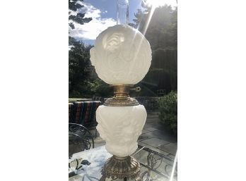 Outstanding & Rare Antique Cherub Milk Glass Hurricane Table Lamp - 'Gone With The Wind' Design (GWTW)