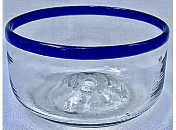 Mexican Cobalt Blue Rim Glassware - Handblown Glass Dip Bowl - Pontil Mark On Base