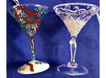 Toasting Ornaments - One Glass With Enameled Base - Signed 'Kiss Me - Lolita' & One Pink Glittery Plastic