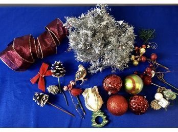 Assorted Ornaments, Embellishments, Tinsel, Ribbon, Ornament Clips, Etc