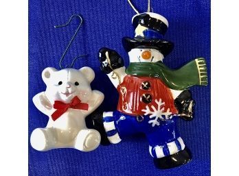 Two Ceramic Ornaments - Dancing Snowman And Charming Tedding Bear With Ribbon Bow