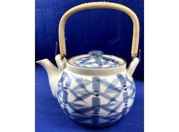 Blue & White Porcelain Tea Pot With Woven Handle