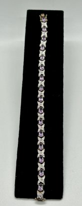 Vintage Sterling Silver Gold Tone Light Purple Amethyst & Pave CZ Tennis Bracelet