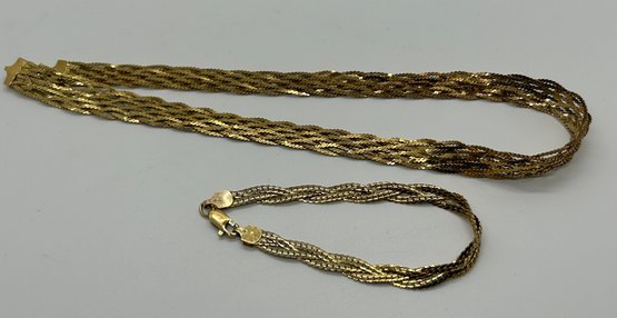 Gold Vermeil Over Sterling Wide Band Braided Necklace And Bracelet HCT 925 Italy Beautiful Set #83