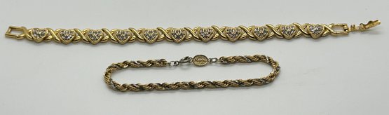 Mod Gold Tone And Rhinestone Heart Chain Bracelet With Napier Gold Tone Twist Rope Bracelet #95