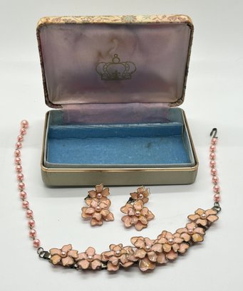 Vintage Coro Pink Floral Necklace And Earrings In Box #97