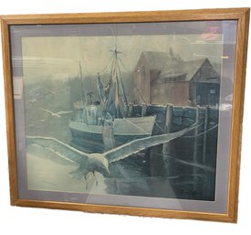 Seagull By The Dock Painting In Wood Frame