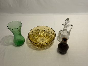 Amber Bowl, Ceramic Jar And Green Glass Vase