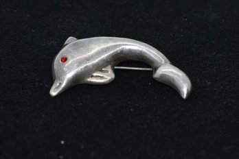 Sterling Dolphin Brooch With Red Stone Eye #127