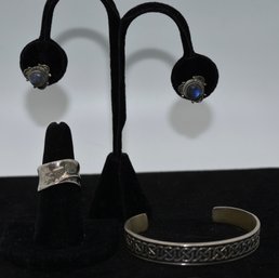 Sterling Silver Bracelet, Earrings, And Ring #163