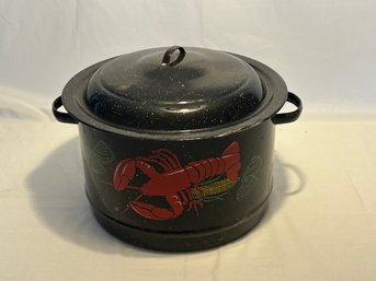 Vintage Black Speckled Enamelware Decorated Lobster Corn Pot