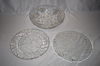 Anchor Hocking 10.75' Pressed Cut Glass Star Pattern Serving Bowl, Cheese Serving Plate And Grape Plate 10.25'