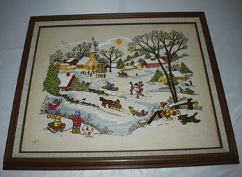 Winter Themed Fabric Art In Custom Wooden Frame