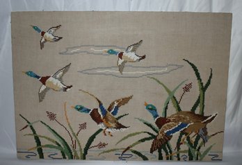 Vintage Mallard Ducks Cross Stitch On Linen Pinned To Board