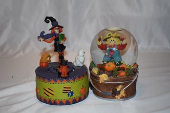 Fall Halloween Snow Globe And Animated Wind Up Music Box Lot #412